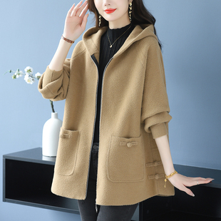 中年妈妈加肥大码女装秋冬毛呢外套时尚宽松休闲双面羊绒连帽大衣