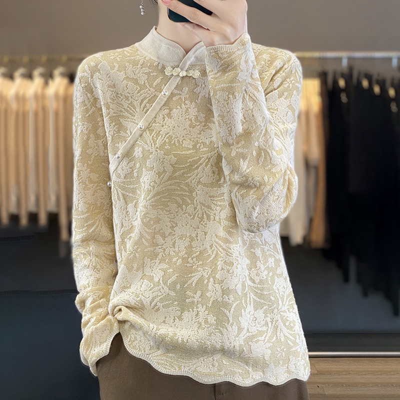新中式国风旗袍领针织衫女上衣2025新款大码羊毛衫秋冬毛衣打底衫