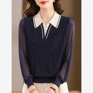 妈妈高端桑蚕丝长袖t恤女大码春秋翻领上衣针织洋气打底纱袖小衫