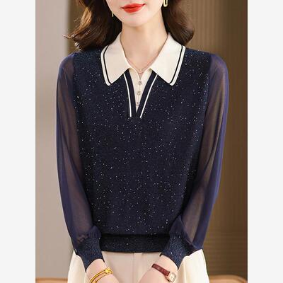 妈妈高端桑蚕丝长袖t恤女大码春秋翻领上衣针织洋气打底纱袖小衫