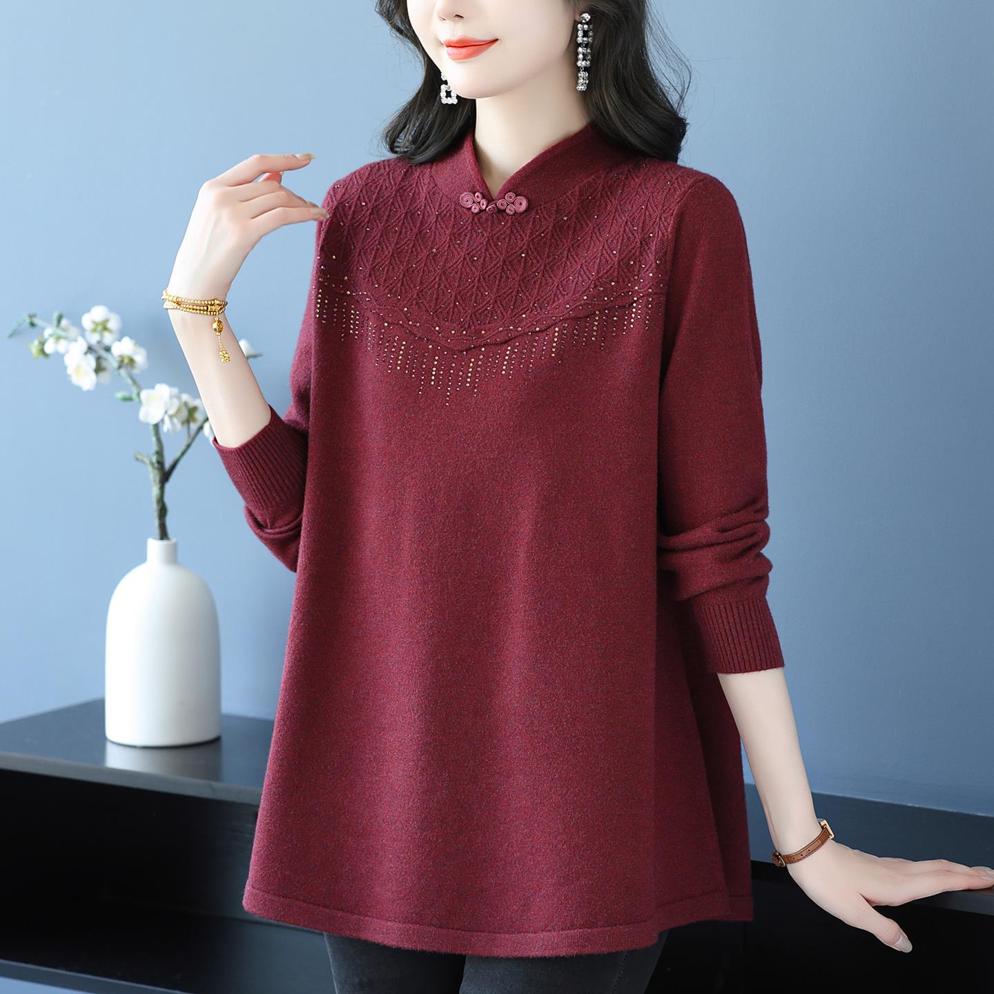 中年妈妈装新中式立领毛衣女宽松大码中长款针织衫秋冬羊毛打底衫