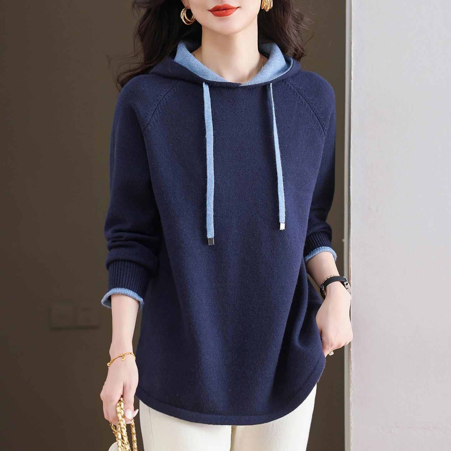 胖mm秋冬新款连帽毛衣女加肥大码针织卫衣休闲上衣宽松羊毛打底衫