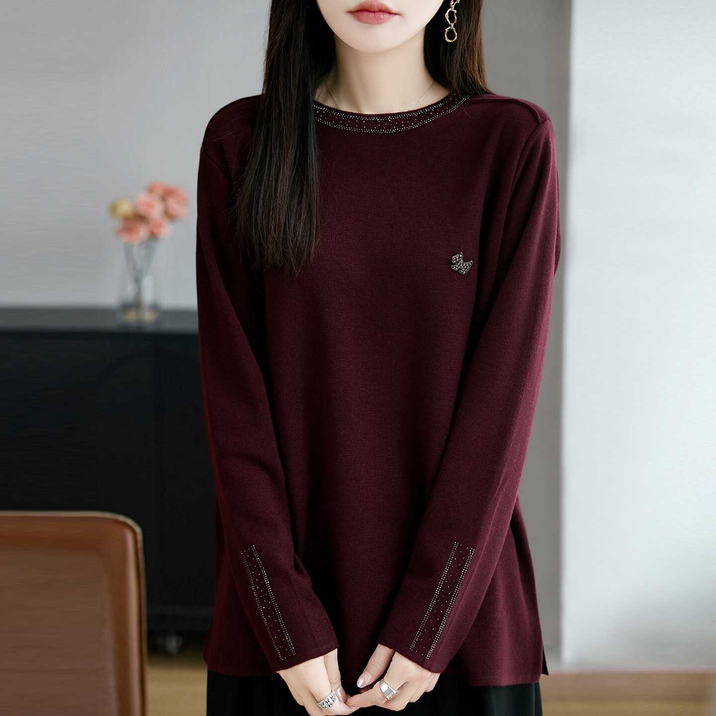 胖妈妈秋冬圆领毛针织衫女加肥加大码宽松遮肚内搭上衣时尚打底衫