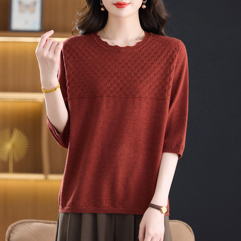 中年妈妈春夏七分袖圆领针织小衫宽松薄款毛衣打底上衣中袖T恤女