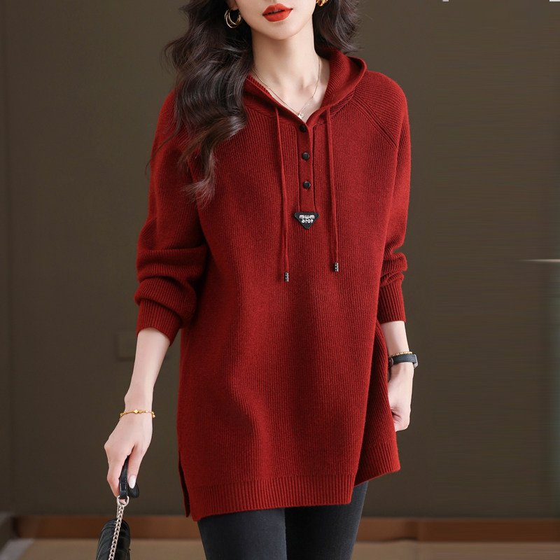 妈妈时尚秋冬加大码毛衣洋气中长款连帽羊毛衫女宽松遮肉针织卫衣