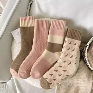 厚女士秋冬加绒长筒袜保暖毛圈拼色花纹潮流冬季高筒
