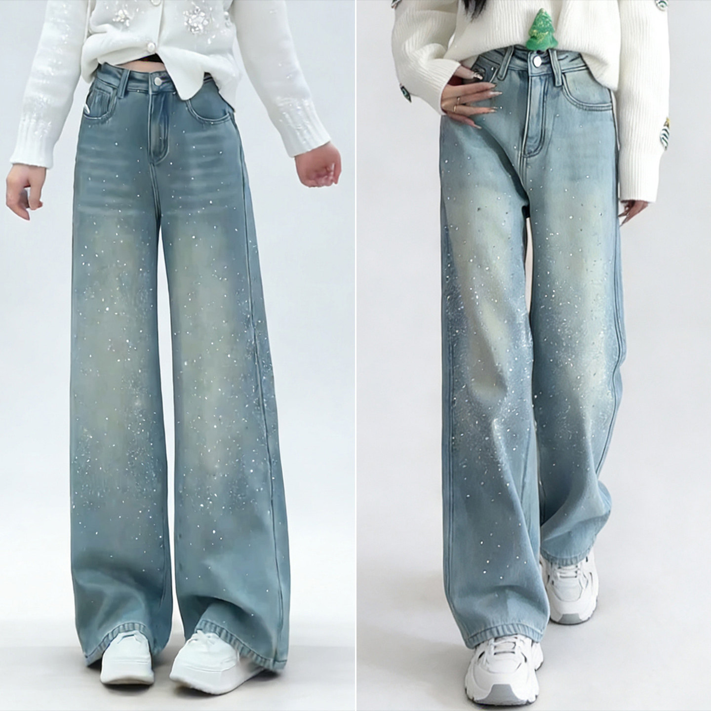 世昕雅美式烫钻阔腿牛仔裤女2026春上新高腰宽松拖地裤浅蓝色长裤,女装/女士精品,牛仔裤,淘宝优惠券,粉丝福利购,淘宝优惠卷