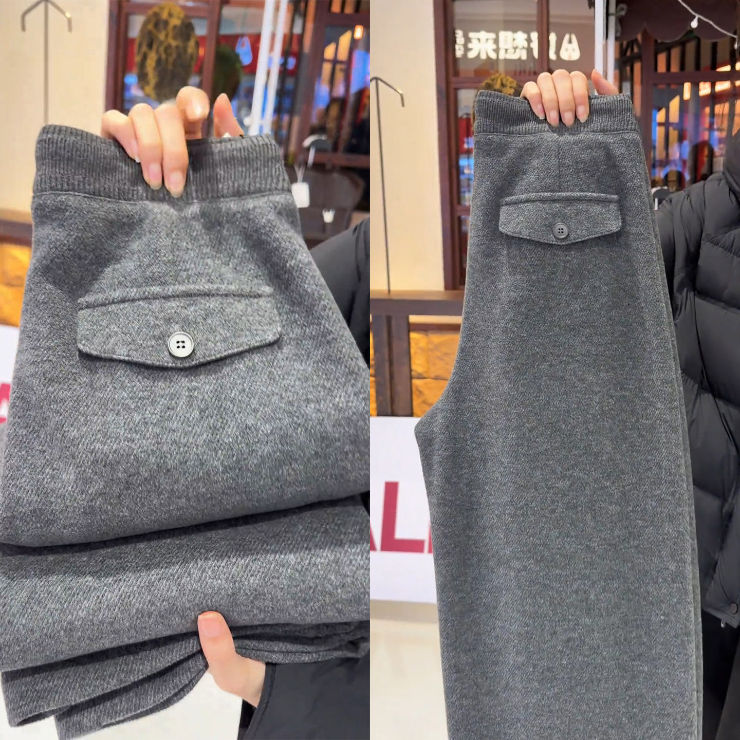 加绒羊毛窄版直筒裤女冬新款高腰抽绳加厚灰色口袋松紧腰裤休闲裤