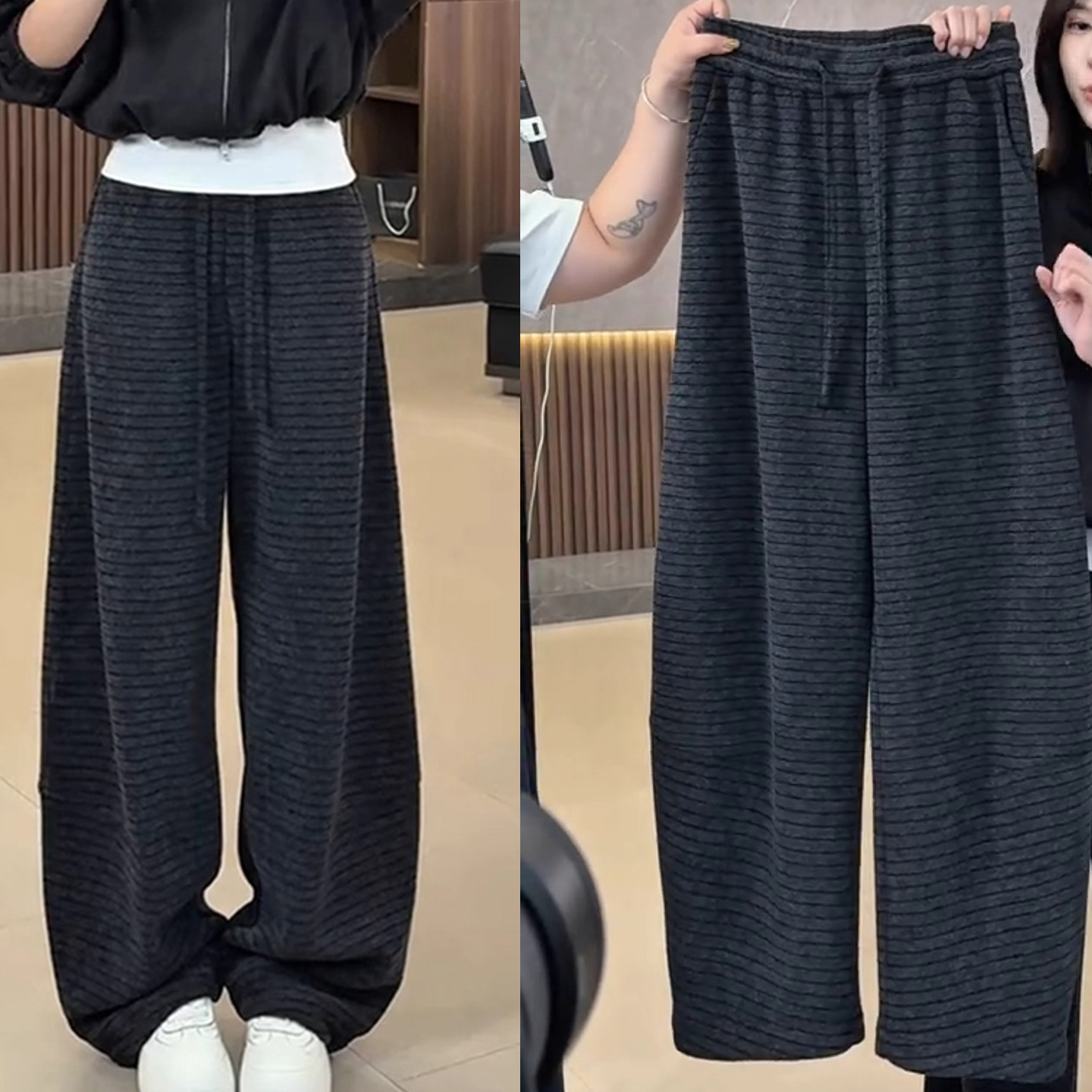 毛呢条纹阔腿裤女2025春秋新款裤