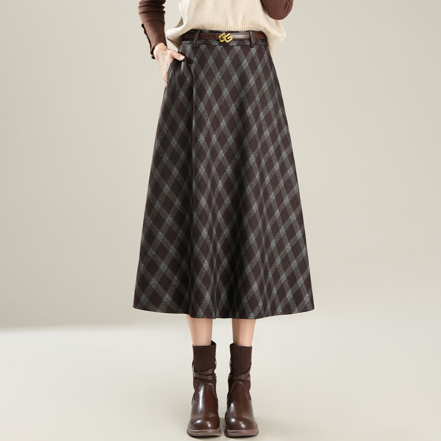 羊毛呢格子半身裙高腰显瘦宽松裙