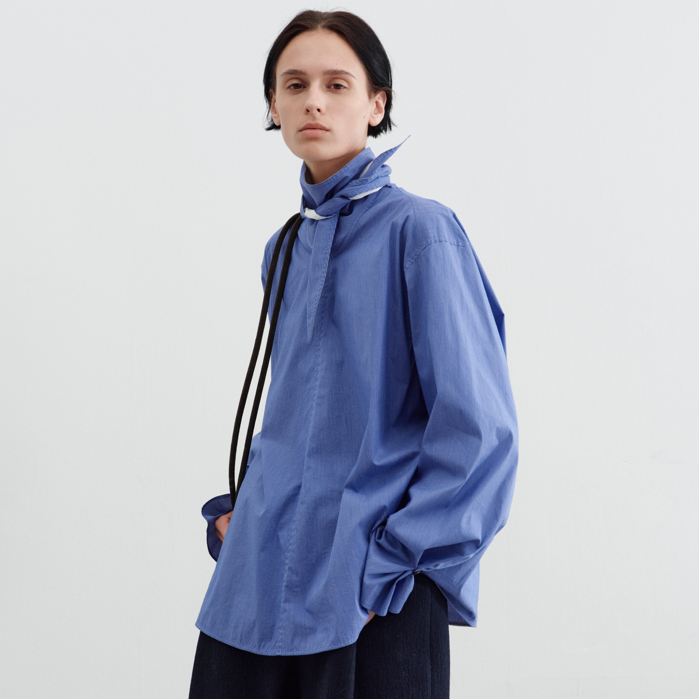 ChelChel2025秋冬新品绑带格子肌理袖口调节松紧衬衫上衣女