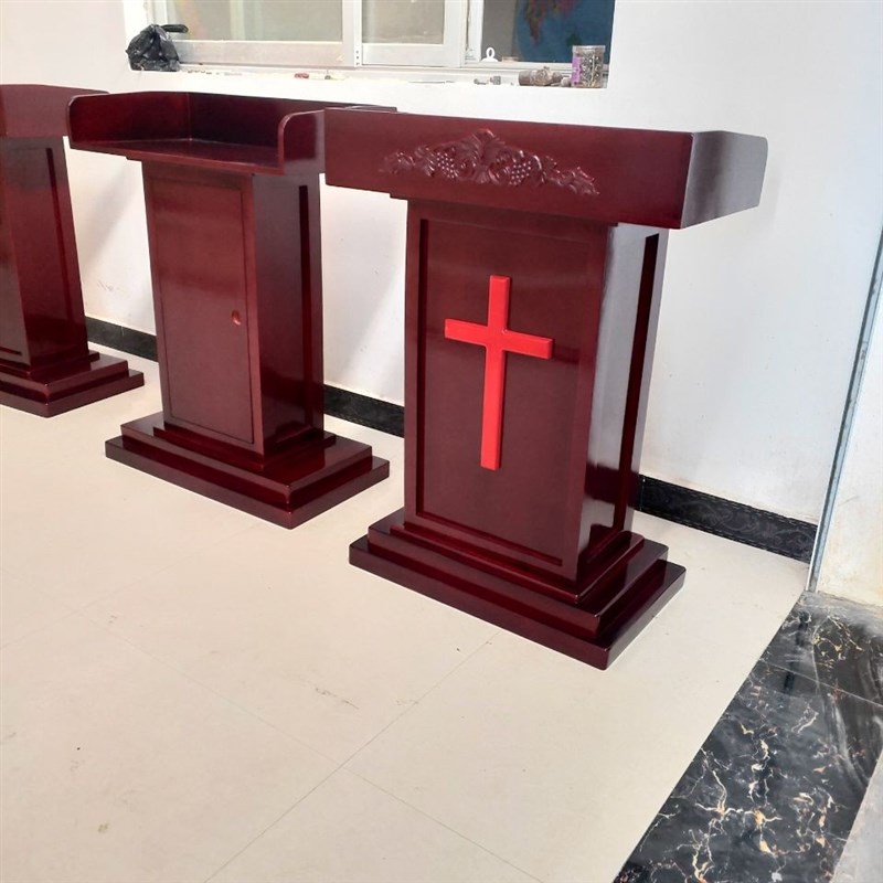 实木教堂圣台礼拜堂主持台老师讲台桌多功能十字架特大号麦孔讲桌