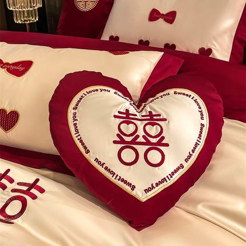 公主风结婚四件套新婚床上用品全棉红色喜庆100支长绒棉抱枕六件4