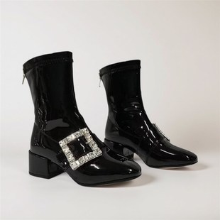 亮漆皮粗跟水钻方扣短靴弹力瘦瘦靴小码模特走秀R比赛表演小黑靴
