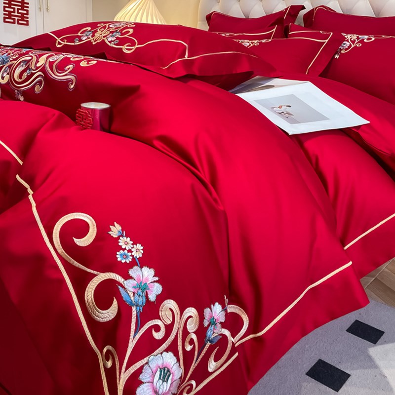 高档180支婚庆四件套红色床单纯棉全棉被套结婚陪嫁床上用品婚房4