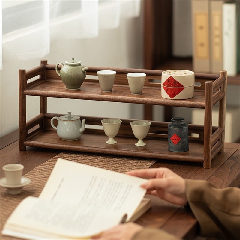北美黑胡桃木双层壶架南美胡桃木置物架功夫茶具收纳架紫砂茶壶架