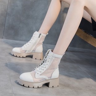 女靴镂空凉鞋 新款 女夏 2024春季 港风街拍高帮凉靴女网面粗跟女网鞋