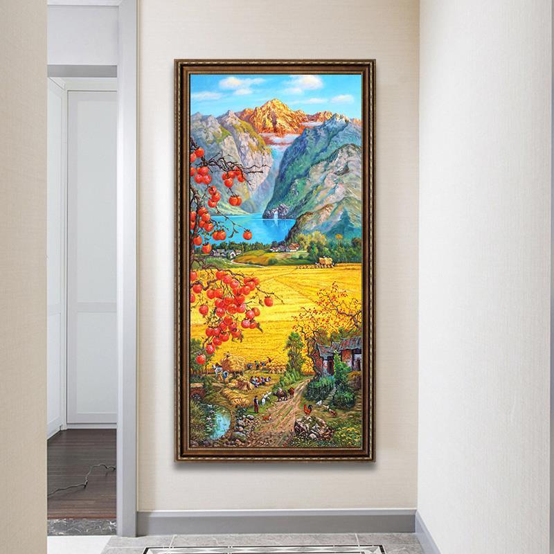新中式入户挂玄约关走廊过道手绘景油画现代简聚宝盆ZQY装饰画风