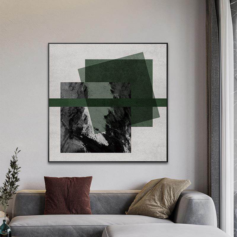 春续现代简画约客QX202110厅装饰抽象关墨色沙发绿背景方格书房玄