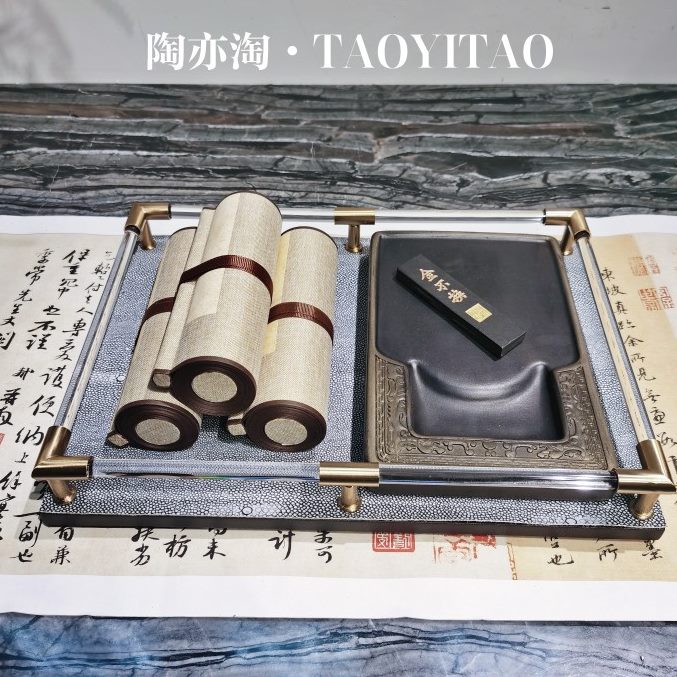 书房 售楼处会所组合展厅样板房新中式 饰品摆件砚台卷轴托盘家居