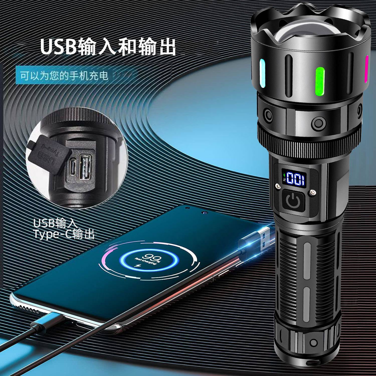 跨境高亮手电筒伸缩变焦IPX6防水攻击头手电筒可充电便携手电