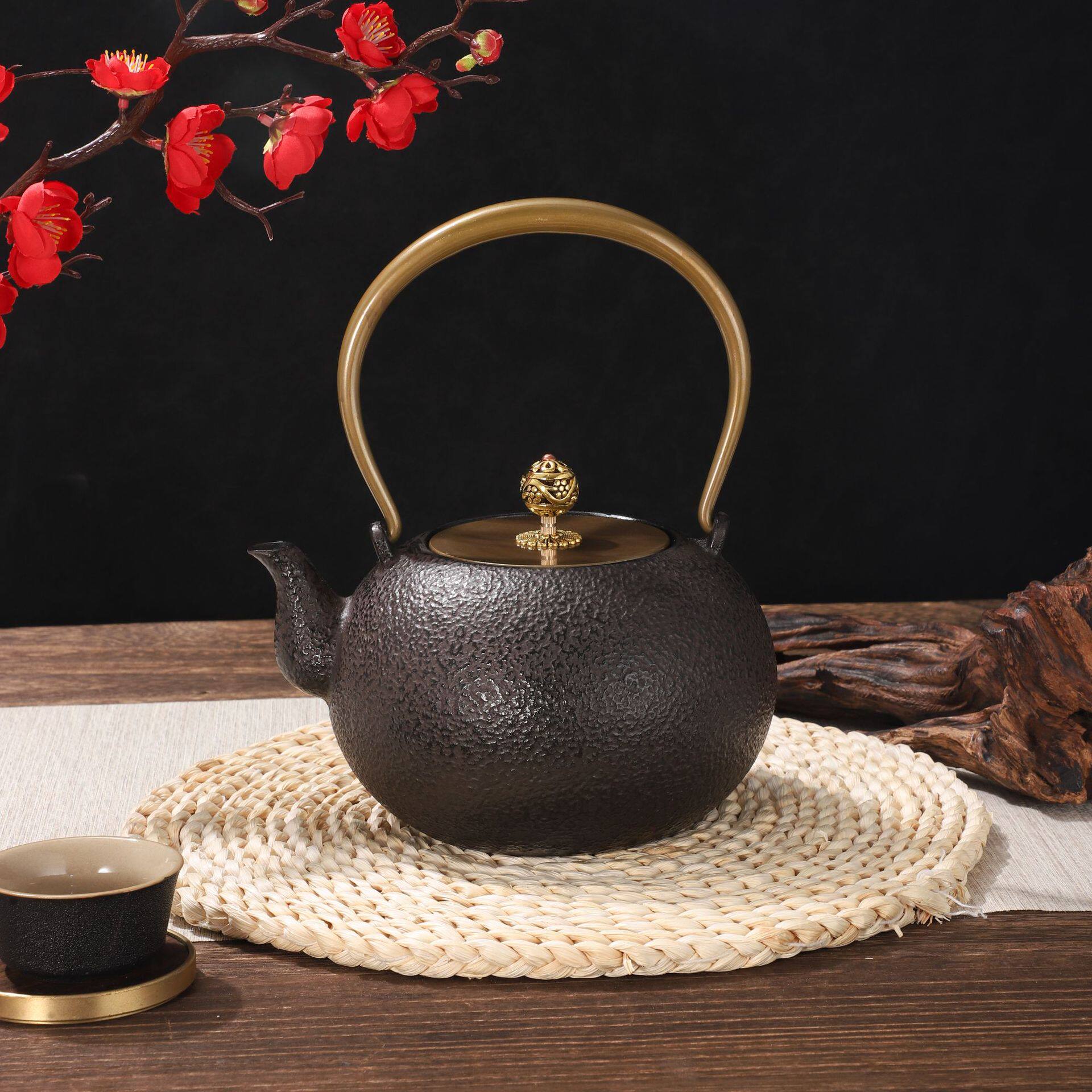 冰裂款茶壶提梁围壶煮茶具茶日式奶油风锤纹茶壶野炊家用铸铁茶壶