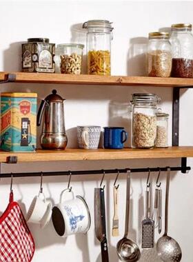 美式厨板房隔收纳木33572壁调味料置物架铁艺实墙壁挂隔板餐厅墙