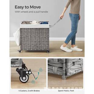 现货藤编带盖脏衣收纳筐洗衣房手工编织筐可折叠洗衣篮带滑轮