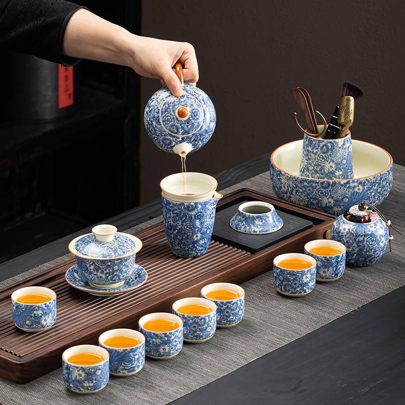 轻奢繁花黄汝茶具套装家用陶瓷开片可养复古整套功夫泡茶定印logo