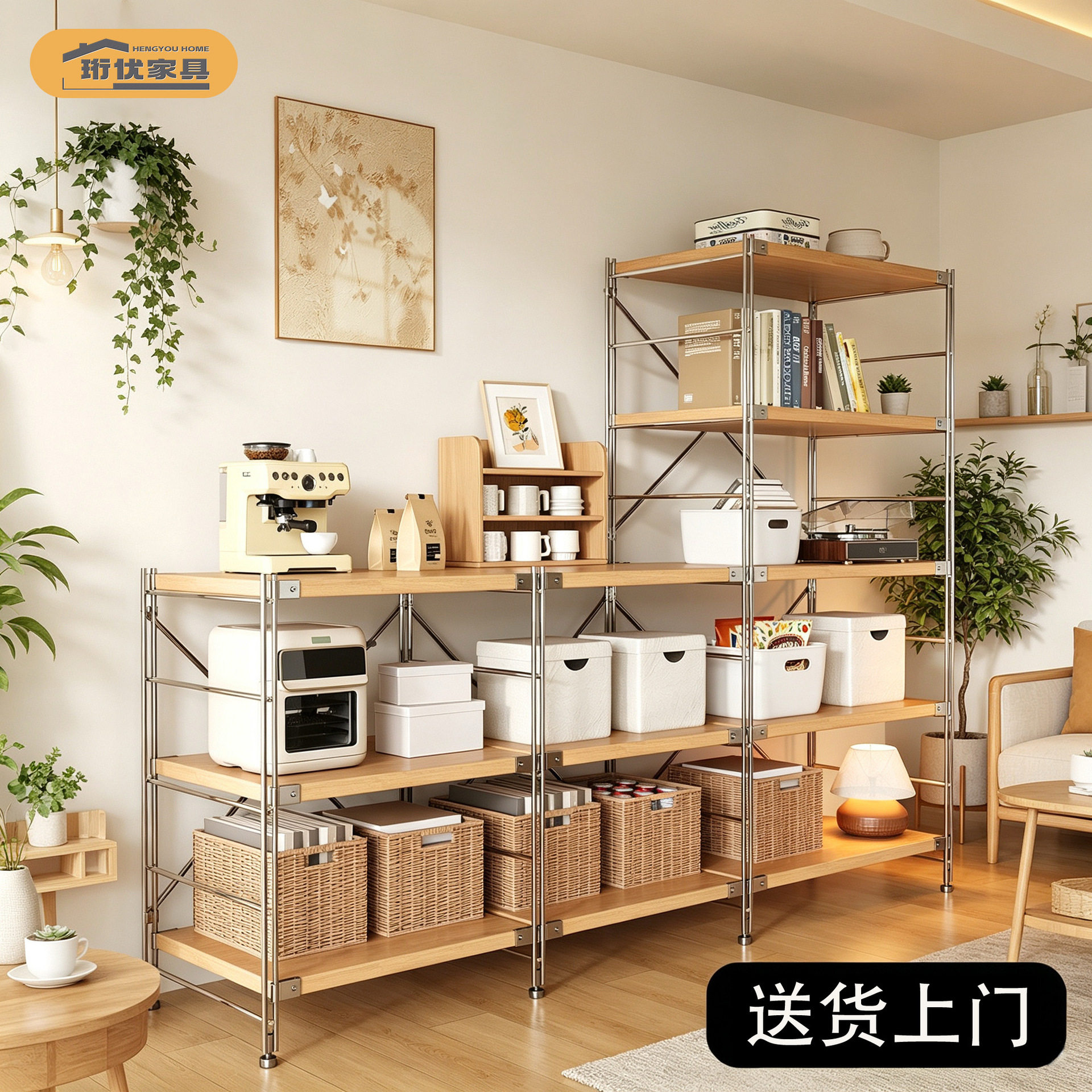 日式置物架落地多层收纳架客厅光轴组合厨房储物架子简易展示书柜