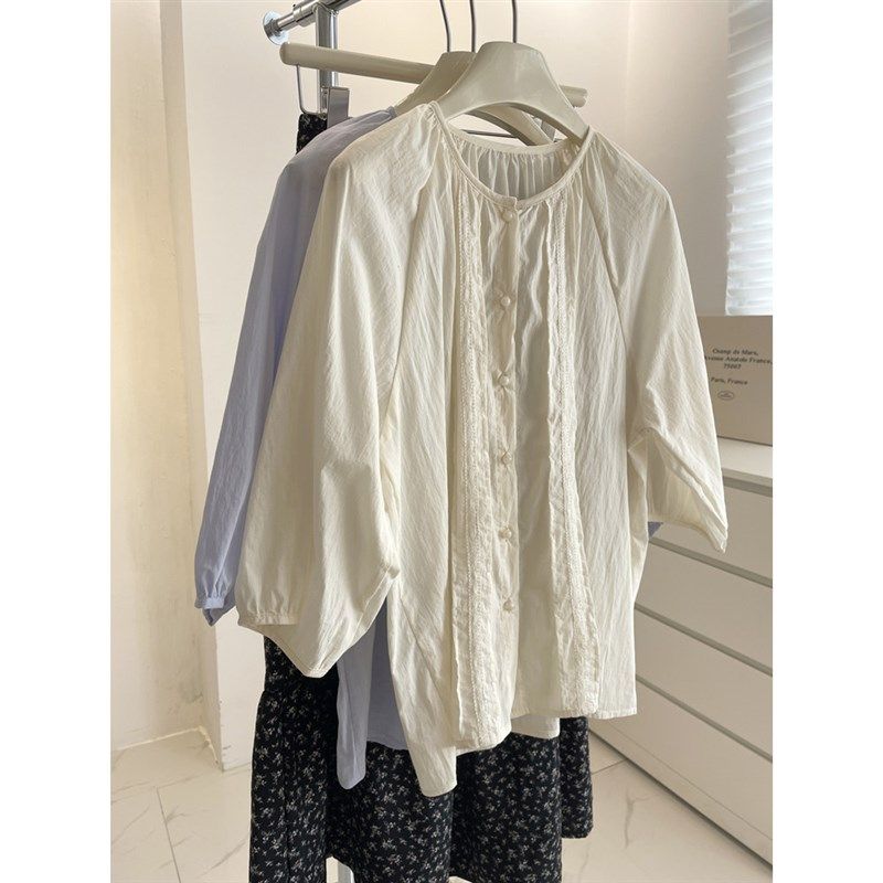 轻薄透气圆领小衫女!百搭宽松显瘦法式蕾丝拼接娃娃衫七分袖衬衫,女装/女士精品,衬衫,淘宝优惠券,粉丝福利购,淘宝优惠卷