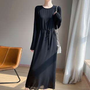 子 到脚踝洋装 高端垂感乔其纱双层长袖 宽松系带收腰优雅黑裙长版