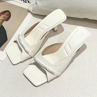仙女风露趾外穿凉拖鞋女细跟2025夏季新款法式方头水钻高跟凉鞋女