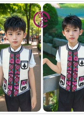 白色帆布小花牛i马甲黑色云南儿童民族服装小马褂绣花马夹单马甲