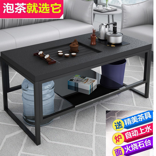 不锈钢架火烧石功夫茶桌简u约现代大理石泡茶台办公茶几带电磁炉