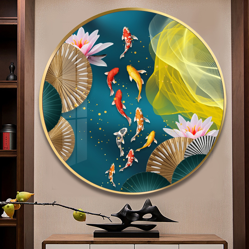 招财九鱼图圆形玄关装饰画客餐厅背景墙壁画入户走廊过道福鹿挂画图片