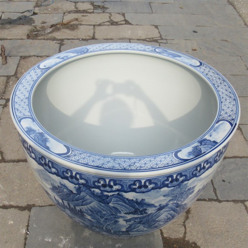 陶瓷工艺品手绘青花山水装饰落地大鱼缸超大锦鲤缸泡澡缸