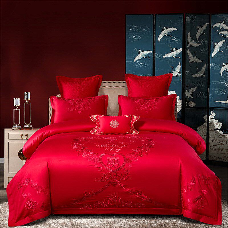 新婚庆四件套大红全棉刺绣结婚房嫁喜被龙凤六十件套床上用品