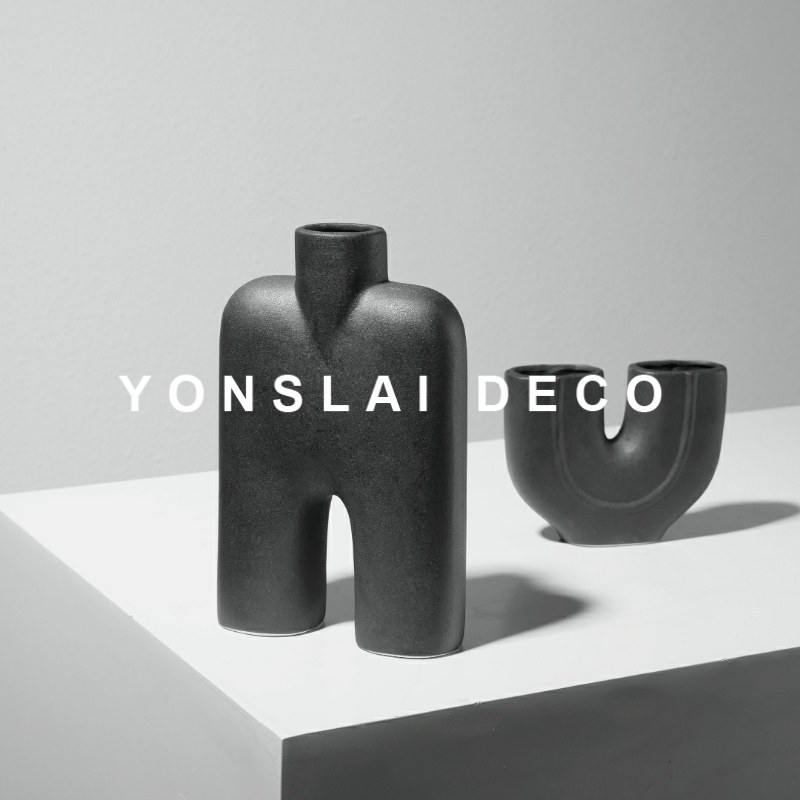 简约抽象艺术黑色陶瓷插花花瓶摆件样板间客厅软装酒柜餐桌饰品