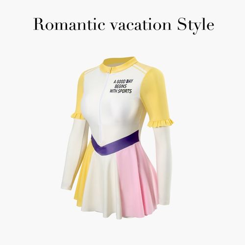 韩国ins泳衣女款连体裙式长袖防晒冲浪服学生泡温泉度假游泳装夏