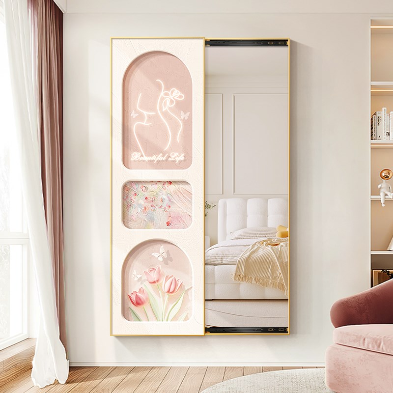 奶油风隐形穿衣镜挂画玄关装饰画隐藏式全身镜推拉暗藏式镜子壁画