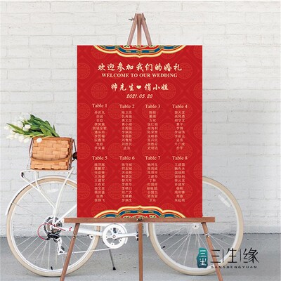 定制中式婚礼席位图订婚宴海报宴会宾客名单迎宾牌红色生日座位表