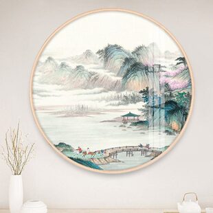 【十年老店】新中式玄关装饰画圆形山水画走廊挂画白雪石千峰竞秀