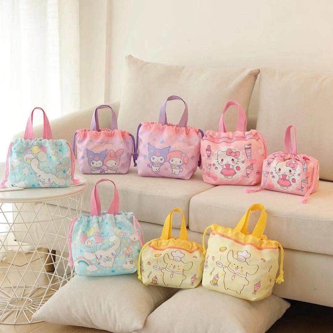 日系大容量卡通小拎包便当包束口手提饭袋抽绳化妆便携式小包