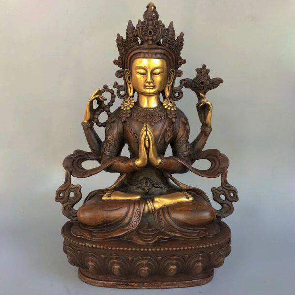 仿古纯铜四臂观音斑铜鎏金居家摆件家居装饰品工艺品摆件