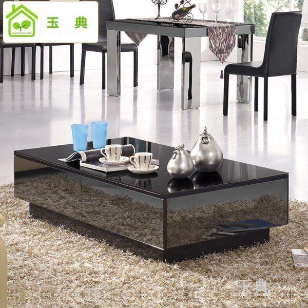 简约长方形黑色玻璃茶几时尚现代烤漆茶几钢化岩板茶几电视柜组合