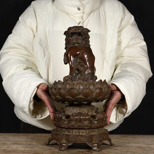 纯铜佛前莲花坐狮薰炉紫铜莲花狮子薰炉螭龙耳狮盖带座香炉摆件