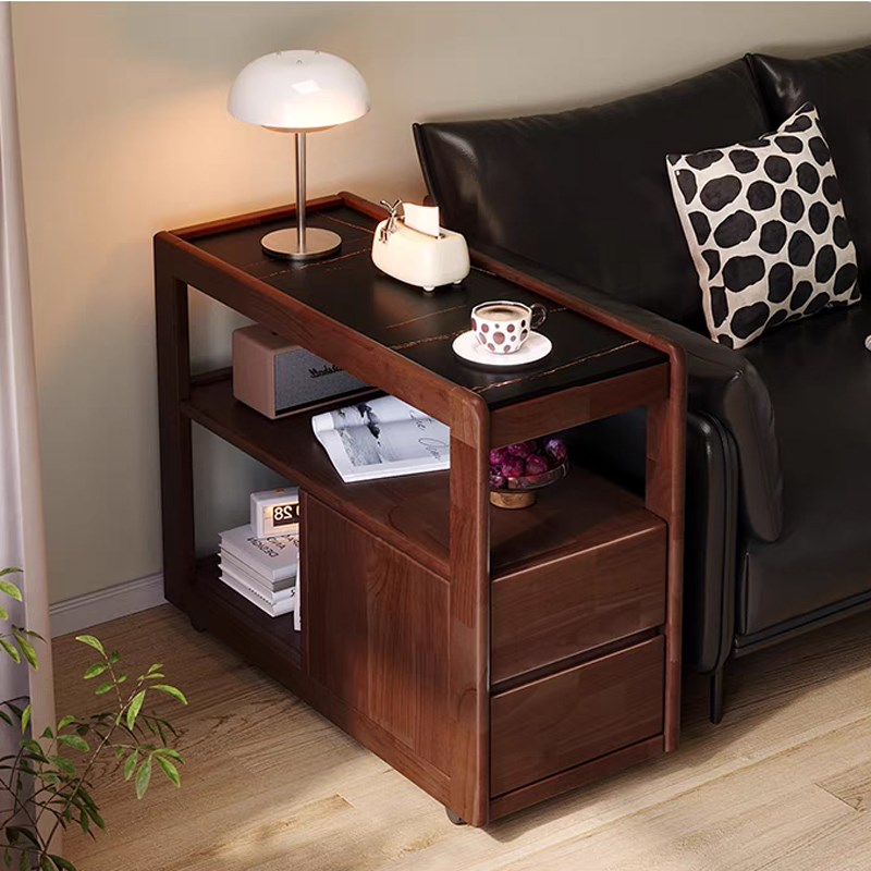 岩板实木边几沙发侧边柜泡茶几带轮现代K简约小茶台小户型移动角