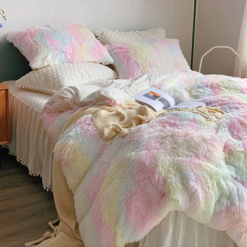 冬季白色水貂绒床上四件套公主风被套长毛绒O双面水晶绒夹棉床裙