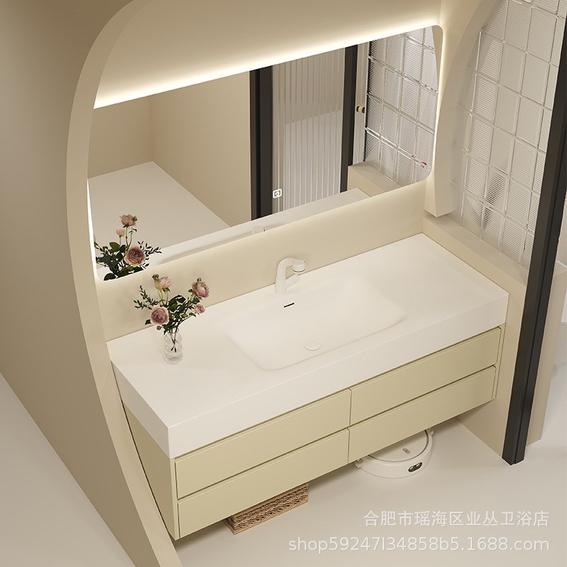 奶油色可丽耐一体盆吊柜浴室柜组合现代简约卫生间洗手洗脸洗漱台